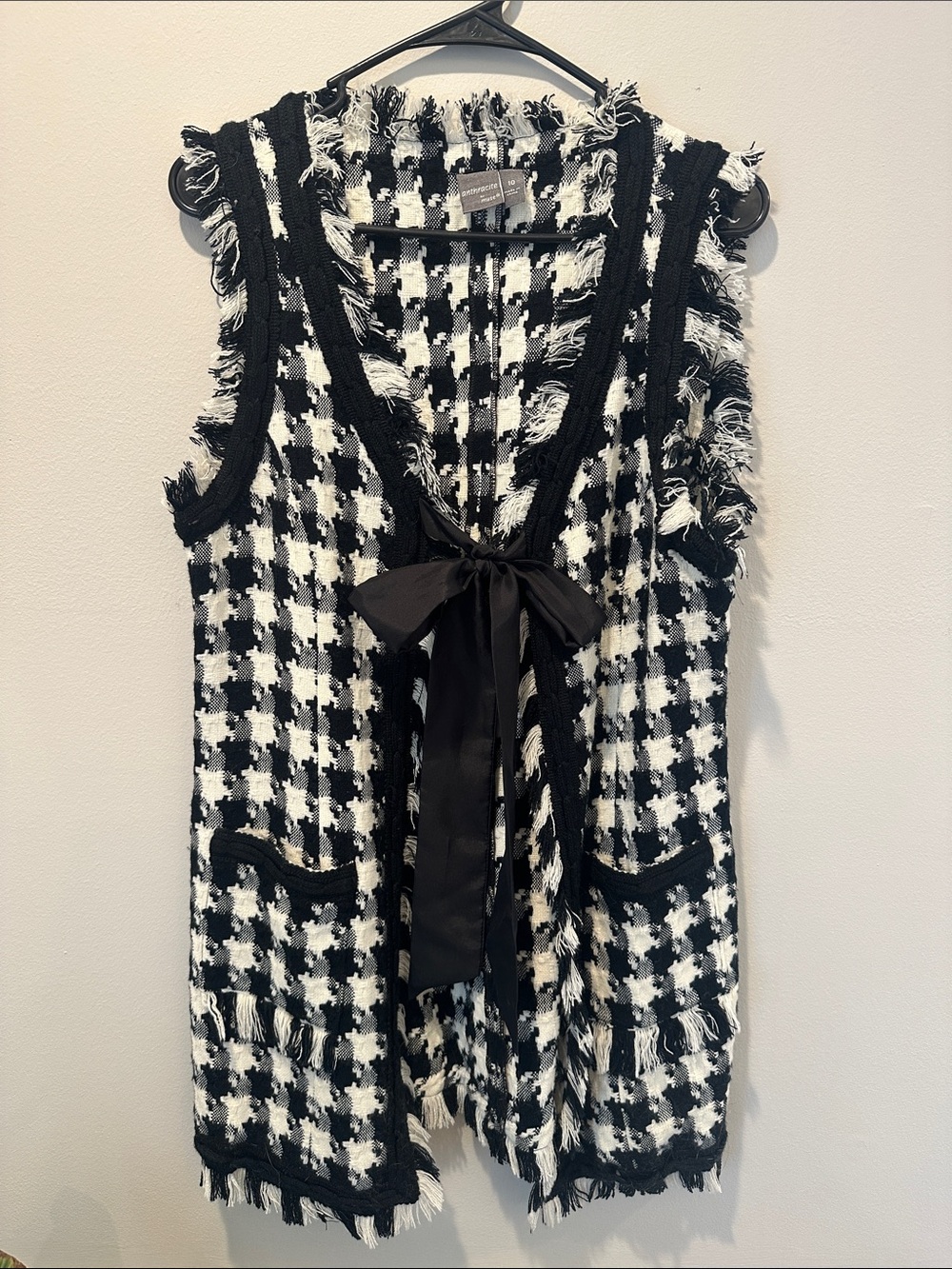 Black & White Houndstooth Fringe Tie-Front Vest